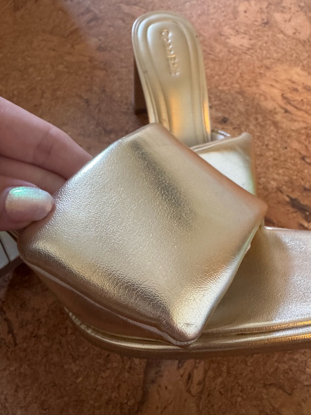 Metallic Gold Block Heel Slide Sandals - Women - Picture 5 of 6